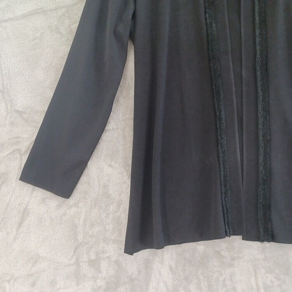 Misook Lg  Cardigan Open Collared Black Fringe Long Sleeve Liquid Knit Travel - Picture 3 of 11